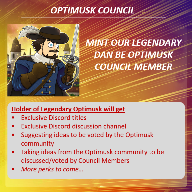 Not just Roadmap. We also have plan for our 10 Legendary 1/1 NFT. 

We will welcome holder of our 1/1 NFT as Optimusk Council Member, with exclusive perks. Being council member will give power to influence and drive the direction of Optimusk Community