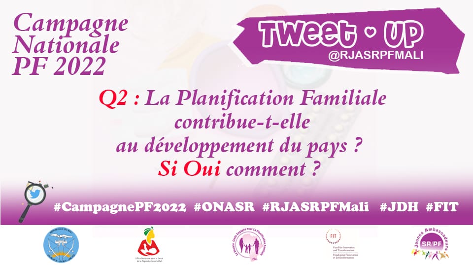 RJASRPFMALI's tweet photo. Q2: La planification familiale contribue t_elle au développement du pays?
Si oui Comment ?

#CampagnePF2022
#ONASER
#RJASRPFMali
#JDH
#FIT https://t.co/dhlRzHgJ28