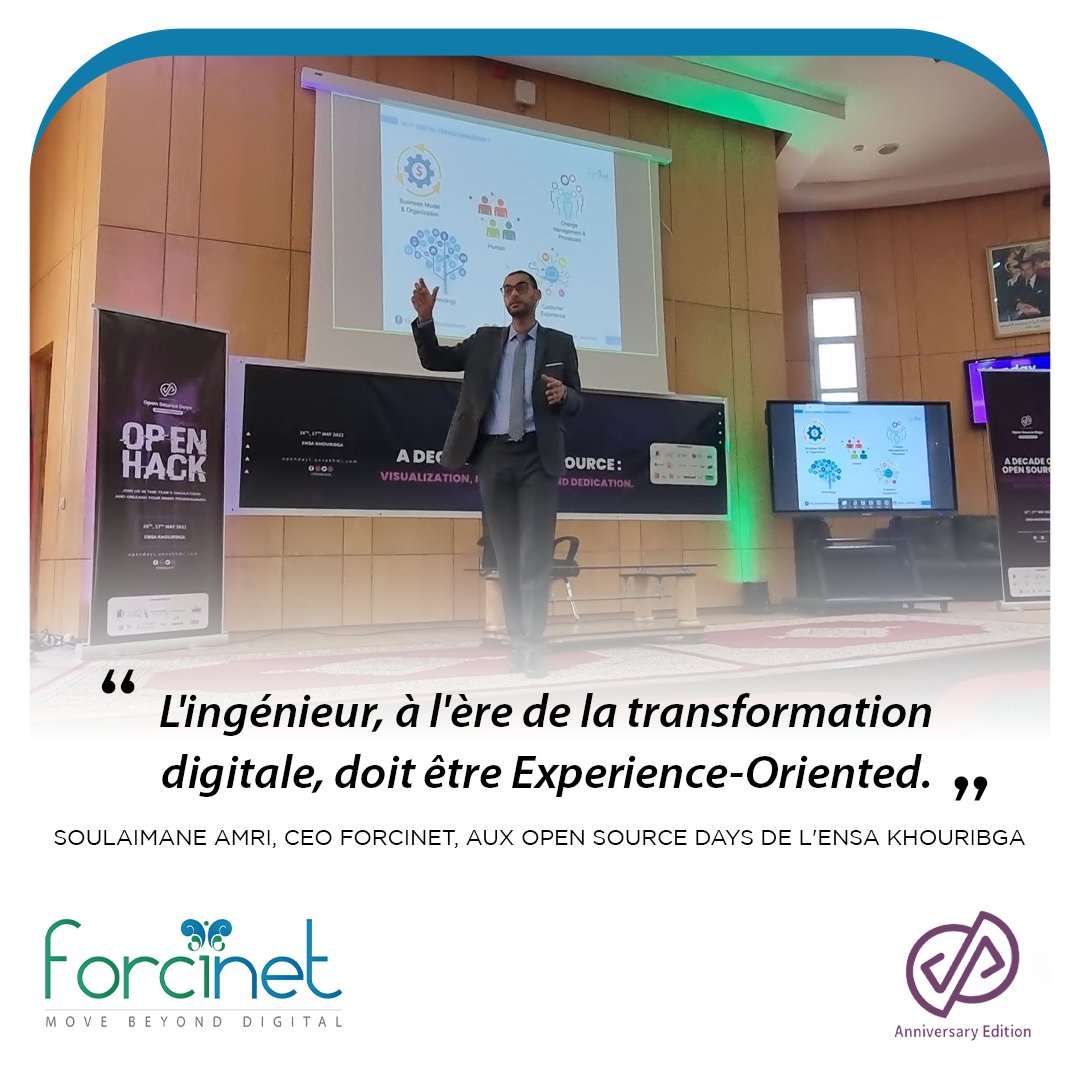 Forcinet's tweet photo. 📍 "L'#Ingénieur, à l'ère de la #TransformationDigitale, doit être #Experience-Oriented." - @SoulaimaneAMRI, Digital Transformation Advisor aux #OpenSourceDays.
📣  Conférence : "L'Ingénieur à l'ère de la Transformation Digitale" à l'#ENSA Khouribga.

#MeetForcinet https://t.co/8AYXBFQWn5