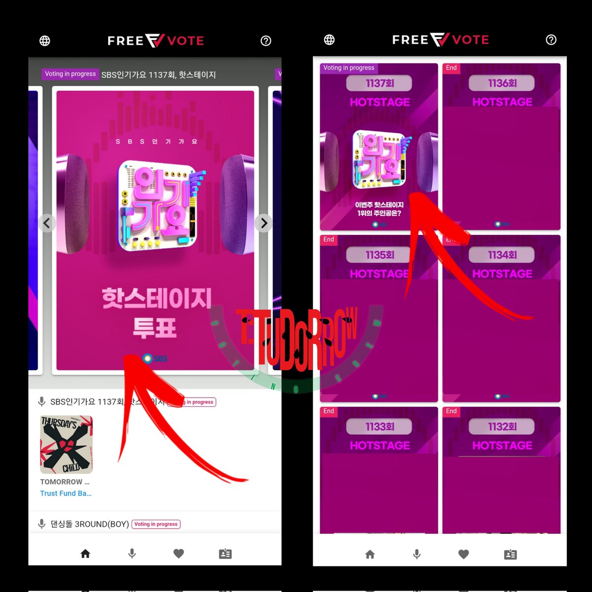 ttudorrow's tweet image. 🗳 HOT STAGE INKIGAYO 🗳

A votação para Hot Stage do Inkigayo já começou no app Free Vote e #GOOD_BOY_GONE_BAD está concorrendo! Vejam como votar:

1. Na página inicial, clique no banner rosa indicado pela seta;
2. Encontre o banner do Hot Stage e aperte nele;

@TXT_members
