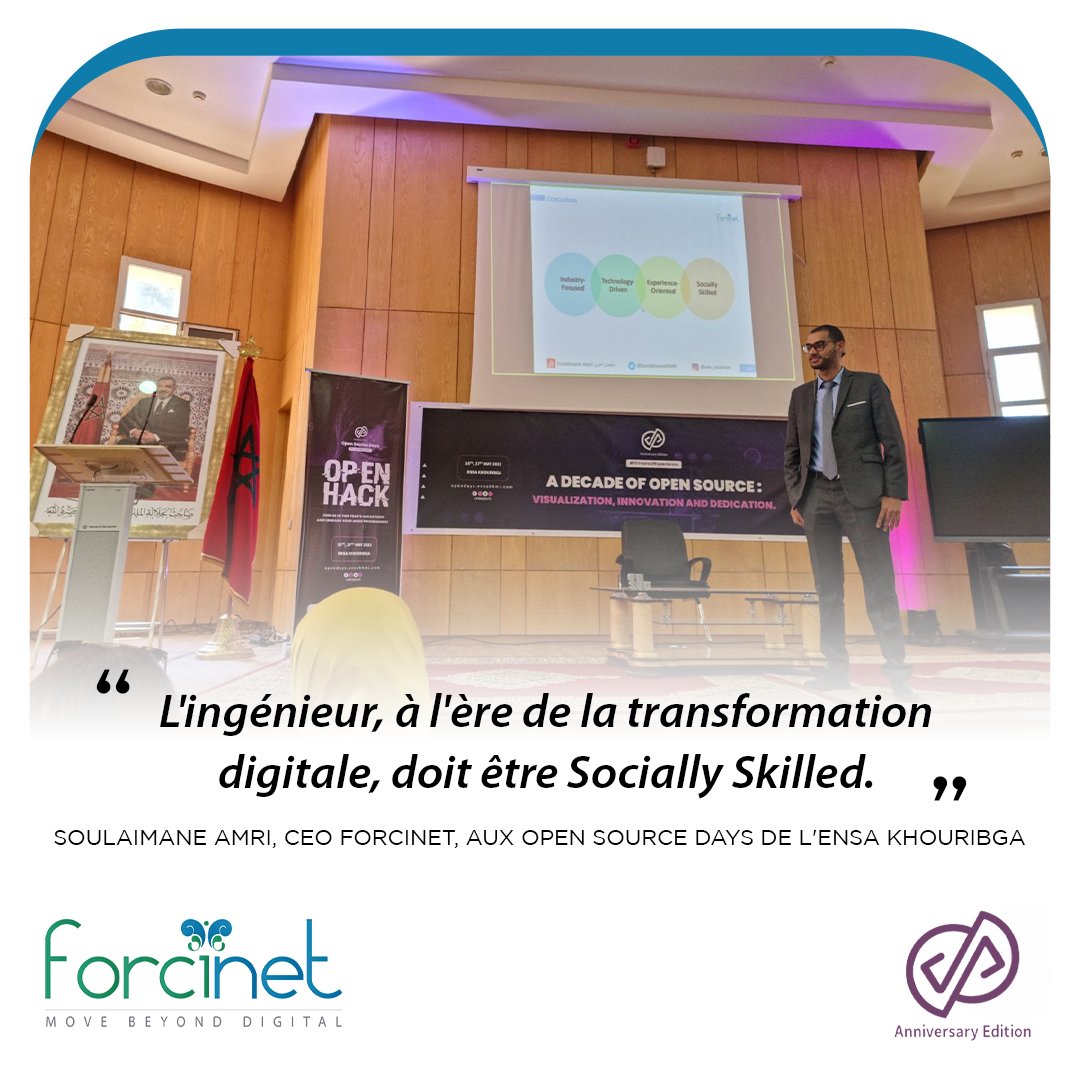 Forcinet's tweet photo. 📍 "L'#Ingénieur, à l'ère de la #TransformationDigitale, doit être #SociallySkilled." - @SoulaimaneAMRI, Digital Transformation Advisor aux #OpenSourceDays.
📣  Conférence : "L'Ingénieur à l'ère de la Transformation Digitale" à l'#ENSA Khouribga.

#MeetForcinet https://t.co/RBmf70G9df