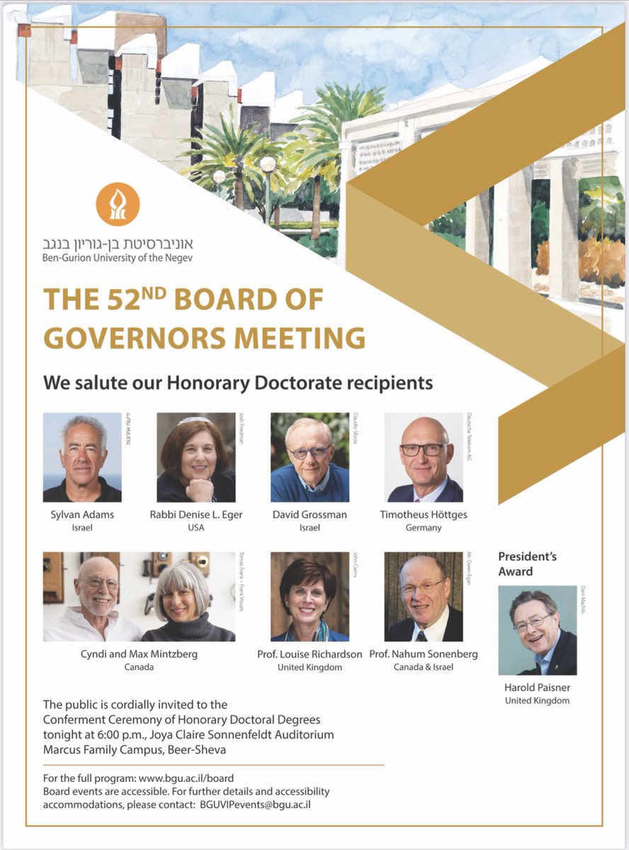 We invite you to join us in recognizing BGU’s Honorary Doctorate recipients.
Live broadcast of the Honorary Doctorate degree ceremony on Facebook live starting tomorrow at 6:00 PM Israel time (GMT +2).