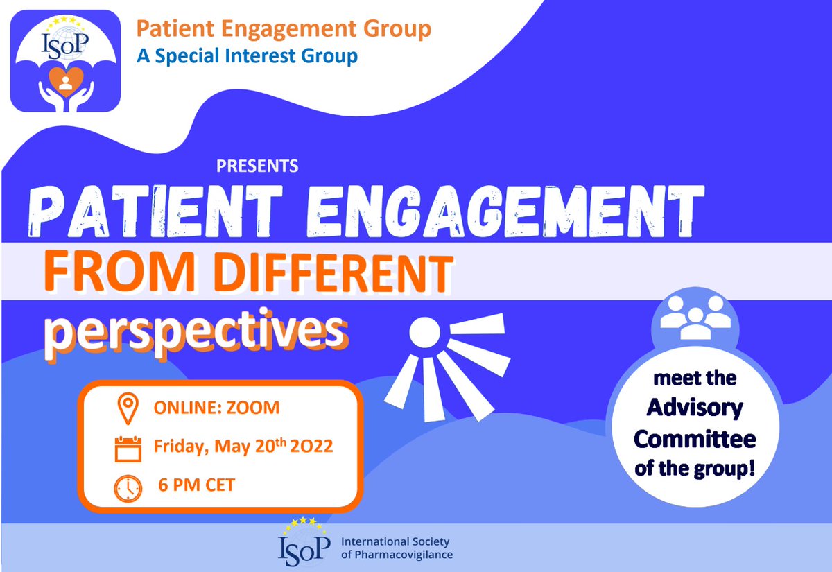 ISoPonline's tweet photo. Join the discussion of the #ISoPonline Advisory Committee of Patient Engagement group this Friday, May 20th at 18:00 CET on ZOOM for the first ISoP Patient Engagement SIG webinar.

Please register for attendance through the following link:

https://t.co/GenpM6i2Pz https://t.co/cbPKM93SaA