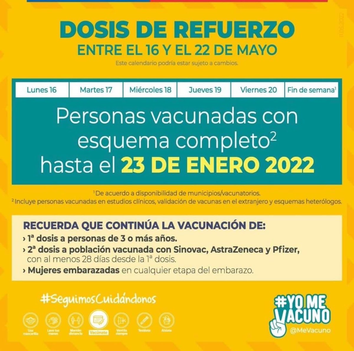 Presentamos el calendario de vacunación #COVID19 para esta semana del 09 al 13 de mayo. 📆 en #ElHospitalDeLosVileños 🏥

⚠️ Punto de vacunacion COVID sector Pediatría (ingreso por portón de visitas a Medicina).