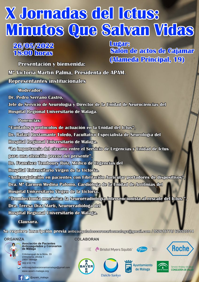 APAM_MALAGA's tweet photo. En APAM nos preocupa la incidencia in crescendo del #Ictus. Por ello os invitamos a nuestras "X Jornadas del Ictus:Minutos que salvan vidas", el jueves 26 de mayo, 18:00 h, en @Cajamar , con grandes profesionales sanitarios de @HRegionalMalaga @HUVV_SAS @saludand ¡Te esperamos!🧠 https://t.co/UDR4FYL3LS