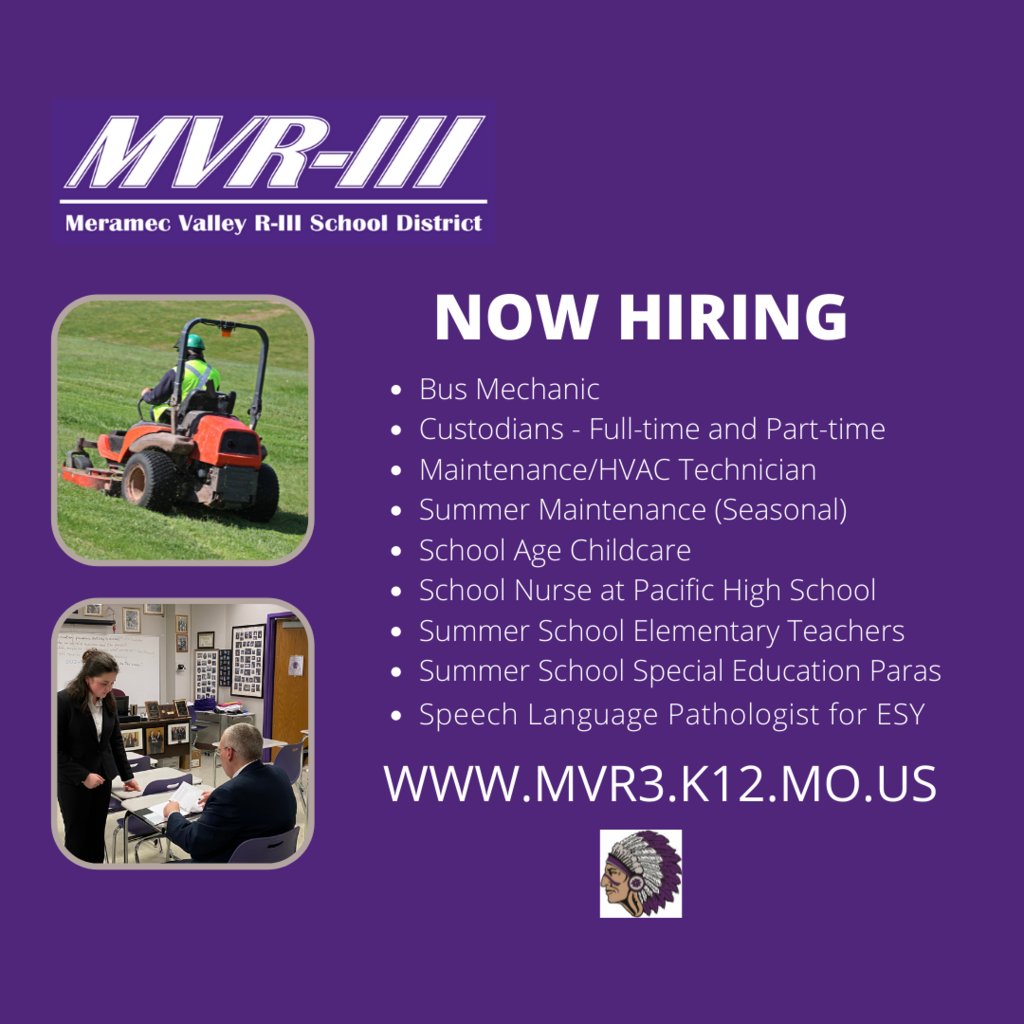 We have new openings for summer school and year-round positions. Please share this with anyone you think would be a great fit for the MVR-III School District. #MVNation 

Learn more or apply at: applitrack.com/mvr3/onlineapp…