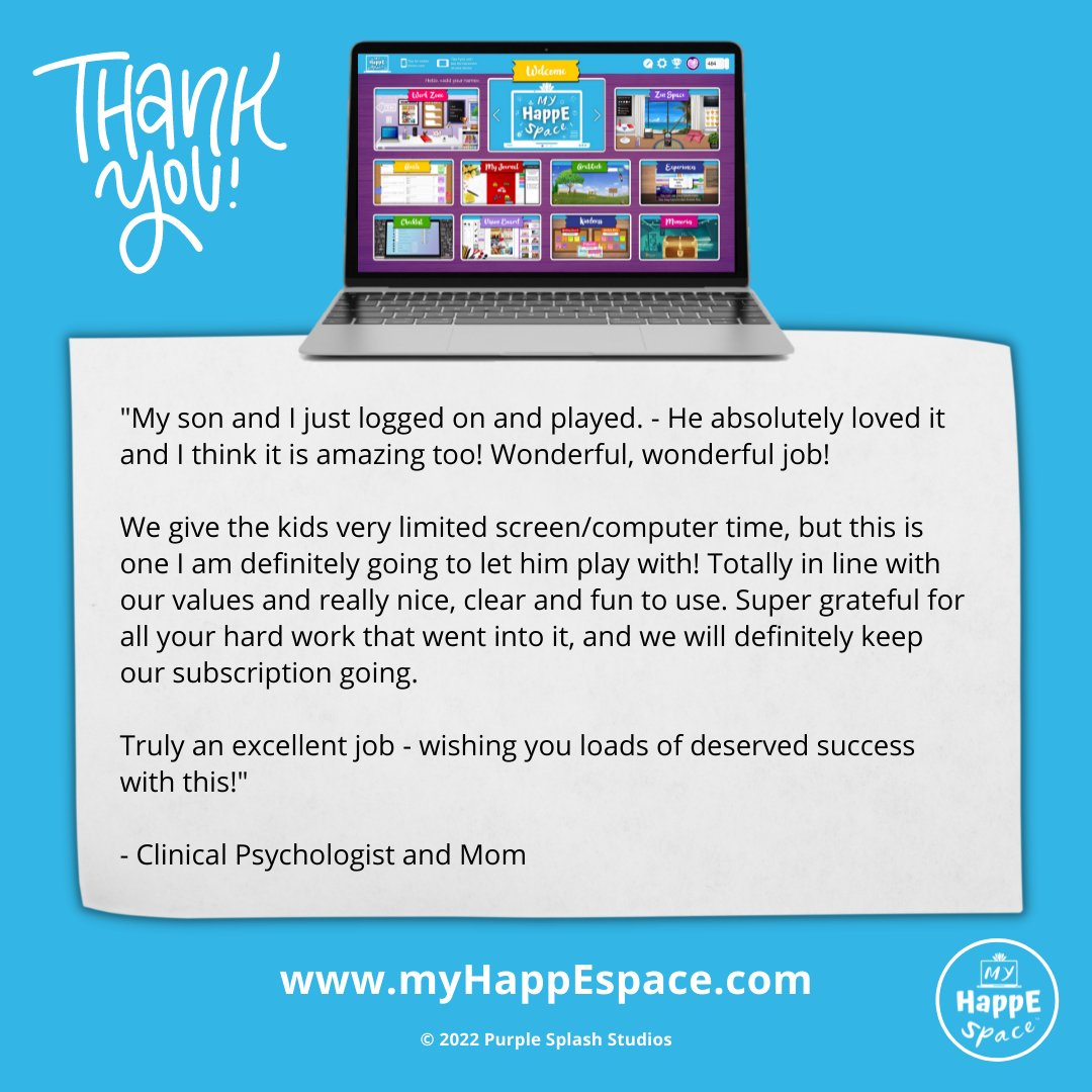 PurpleSplashS's tweet photo. Thank you for the amazing feedback for My HappE Space. 
Go to https://t.co/eRTvpKDxij for a free trial.

#psycologist #therapist #socialemotionallearning #kidswellbeing #teenwellbeing #tweenwellbeing #mentalhealth #kidsmentalhealth #teenmentalhealth #lifeskills #parentingtools https://t.co/qPWnn1Dl9k