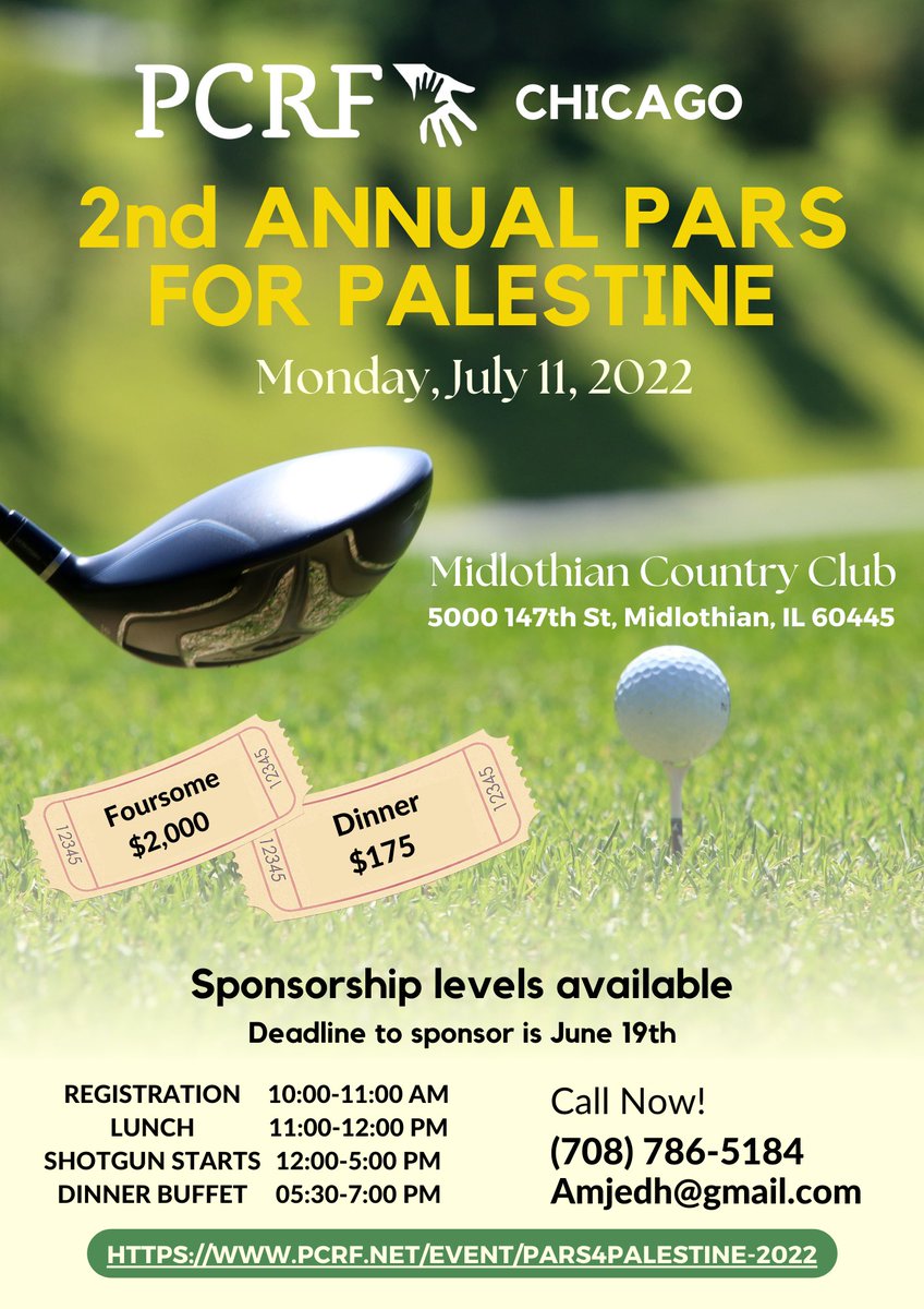 PCRF_Chicago's tweet photo. We are excited to announce our 2nd annual Pars 4 Palestine on July 11th. Join us for a day of golfing for a great cause! Not a golfer? No problem! You can join us for a social dinner as we raise funds for PCRF ⛳️  💙 

Tickets 🎟 https://t.co/B13nmkoEKR https://t.co/LJvxayOpBN
