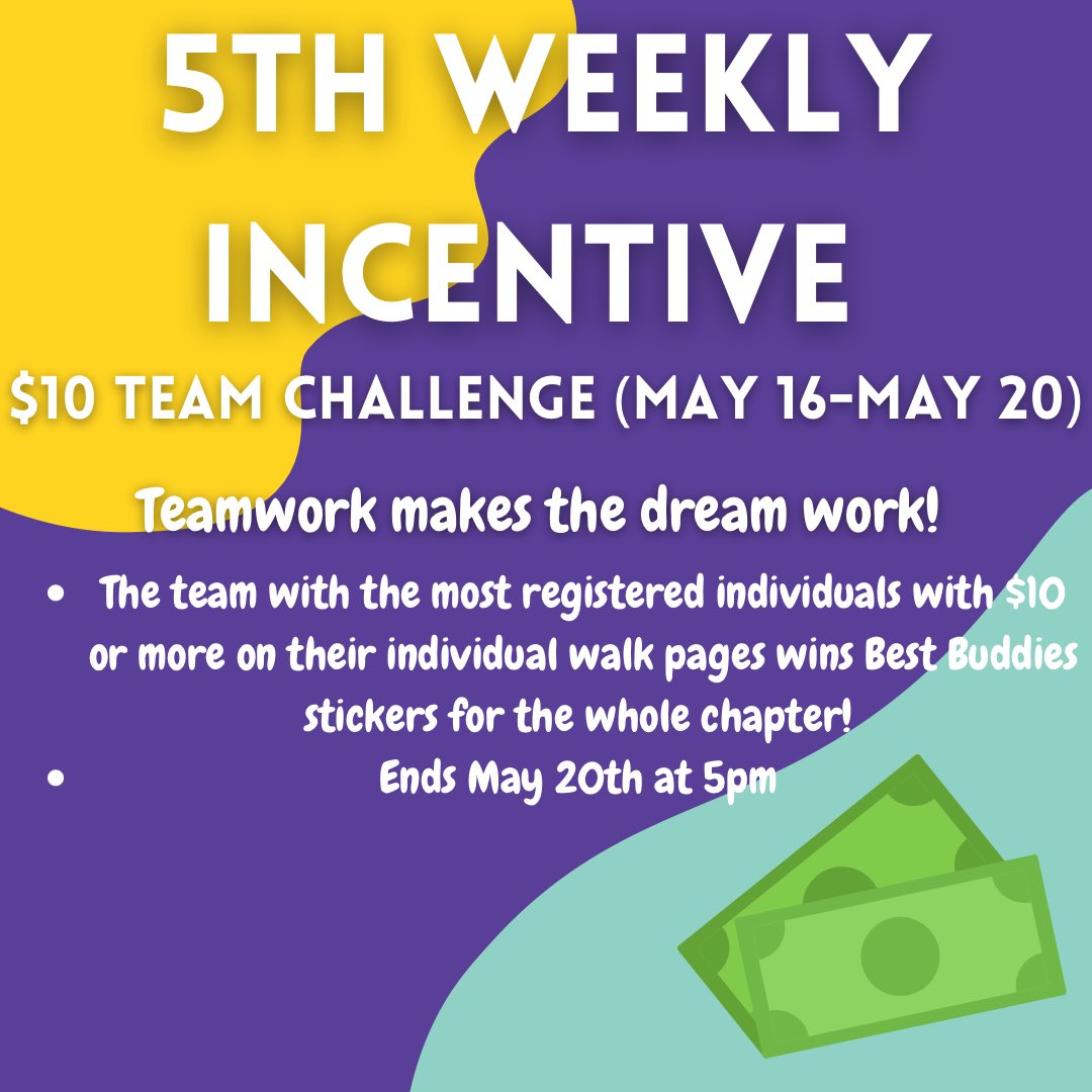 fhs_bestbuddies's tweet photo. Here is our fifth and final weekly incentive! $10 Team Challenge, the team with most individuals who have $10+ on their individual walk pages will win BB stickers for the entire chapter! Remember, teamwork makes the dream work :D https://t.co/LhvAQHy3gg