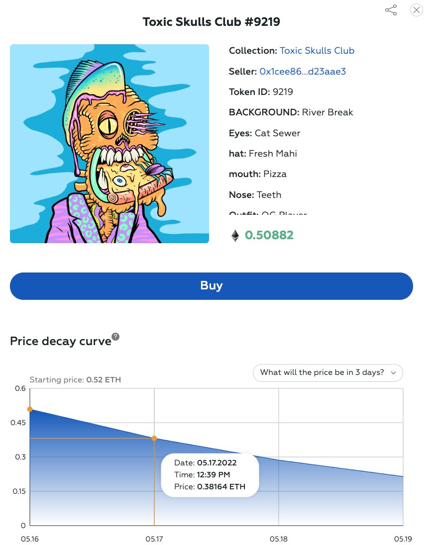 DroppingNowio's tweet photo. ⚡️NEW DROP ALERT⚡️: 
Toxic Skulls Club #9219

Currently 0.5 ETH &amp; Dropping! 👀

⚡️RARE TRAITS
Mouth: Pizza 1%
Eyes: Cat Sewer 2%
Hat: Fresh Mahi 2%

#toxicskulls #toxicskullsclub #TSCfam

View the all-in Dutch auction here ↘️
https://t.co/zljvBg5xF0 https://t.co/JaCr6tBqqZ