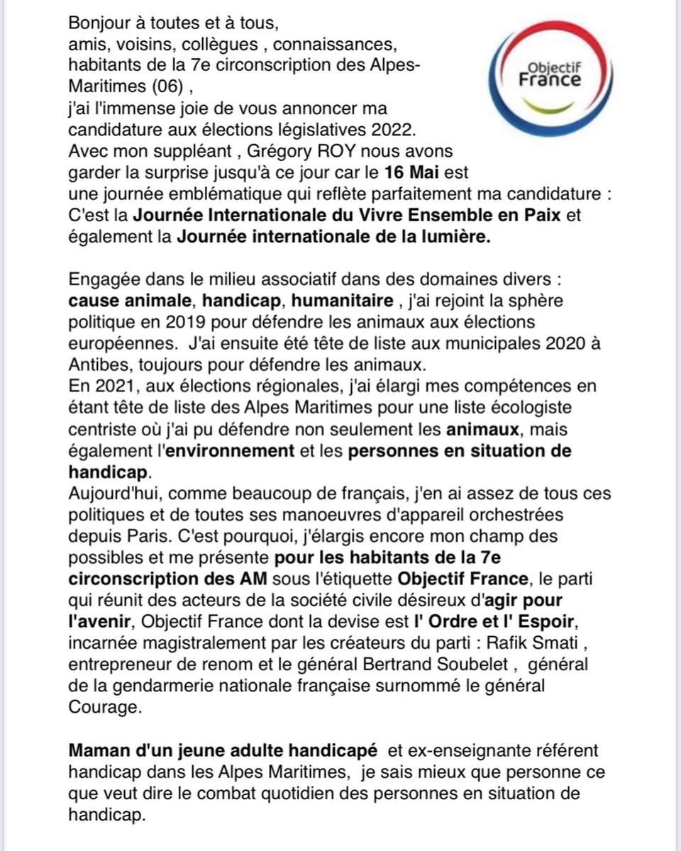 animauxmesamis's tweet photo. Et c’est parti pour les #electionslegislatives2022 . Je vous annonce officiellement ma candidature pour la #7e circonscription des #AlpesMaritimes . La date est bien choisie , c’est également la journée du #VivreensembleenPaix et la journée de la #lumière #circo0607 #jivep https://t.co/ZdSe2J4VH5
