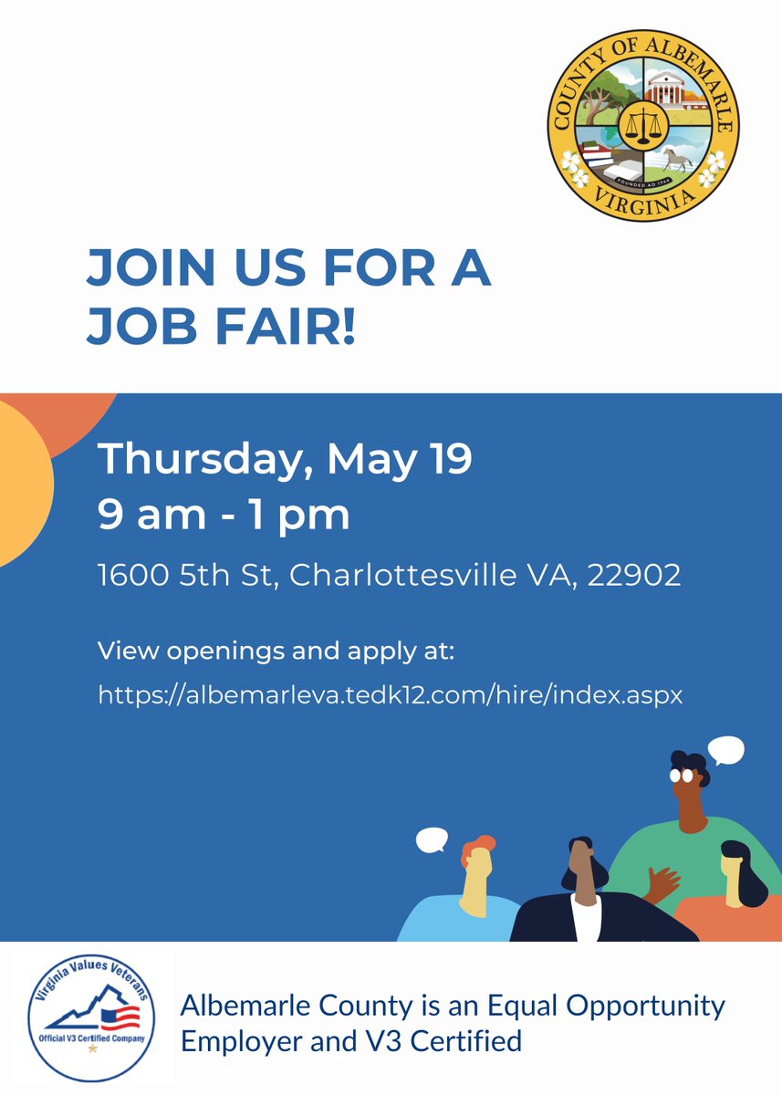 Albemarle County is #hiring! Come out to their office on 5th Street this THURSDAY (5/19) to find the #career of your dreams! 

#hiringevent #jobfair #charlottesville #vcwpiedmont