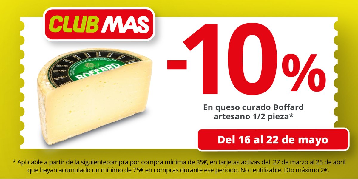 SupermercadoMAS's tweet photo. ¿Listo para disfrutar de este DESCUENTO EXCLUSIVO? -10% en queso curado Boffard para los socios del club MAS🧀
Disfruta de esta promoción hasta el 22 de mayo en todos nuestros establecimientos y en nuestra charcutería Online
https://t.co/yAnk3jmJPO
#PresumeDeFrescos #ClubMAS https://t.co/QxqHZQPRix