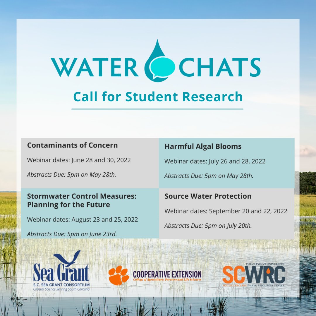 SCSeaGrant's tweet photo. Water Chats, a new technical training program designed to facilitate access to and use of new and emerging water quality research in South Carolina, is accepting student abstracts for the summer webinar series. Learn more here: https://t.co/bELX28fPFD #waterquality #abstractcall https://t.co/ITiMWvxmLp