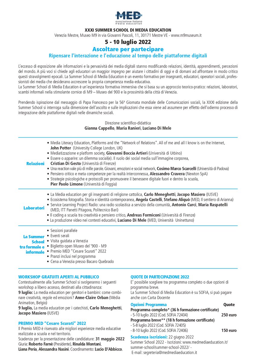 🅧🅧🅧🅘 𝗦𝘂𝗺𝗺𝗲𝗿 𝗦𝗰𝗵𝗼𝗼𝗹 𝗱𝗶 #𝗠𝗲𝗱𝗶𝗮𝗘𝗱𝘂𝗰𝗮𝘁𝗶𝗼𝗻 
E' tutto un programma!
Utilizza la tua #cartadeldocente
📍Plenarie
📍Laboratori
📍Sessioni parallele
📍Workshop gratuiti
E tanto altro...📲Info medmediaeducation.it/summ.../summer…
#summermed22