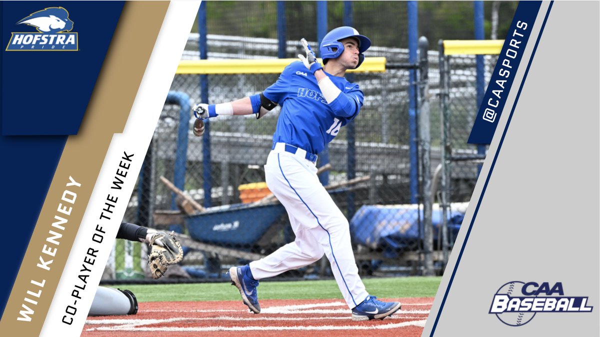 CAASports's tweet image. CAA Baseball Weekly Awards ⚾️

Co-Player of the Week: Will Kennedy, @HofstraBaseball

Kennedy batted .526 (10-19) with four doubles, a triple, seven runs scored and six RBI’s in Hofstra’s 4-0 week. 

📰 bit.ly/3MoEDEA