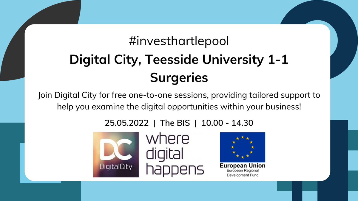 InvestHpool's tweet photo. 📢 @The_DigitalCity are offering free 1-2-1 surgeries to help identify where your business can digitalise, as part of #HartlepoolBusinessWeek!
📅 25.05.2022
🕙 10am - 2.30pm
📍 @BisHartlepool
follow the link below to book your slot:
https://t.co/xp9SwOgP6G
#investhartlepool https://t.co/9S2LEpu5QQ