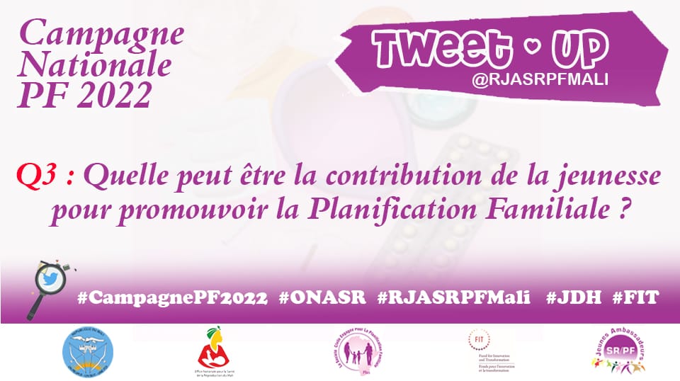 RJASRPFMALI's tweet photo. Q3: Qu'elle peut être là contribution de la jeunesse pour promouvoir la planification familiale ?

#CampagnePF2022
#ONASER
#RJASRPFMali
#JDH
#FIT https://t.co/jAAgSGalCU