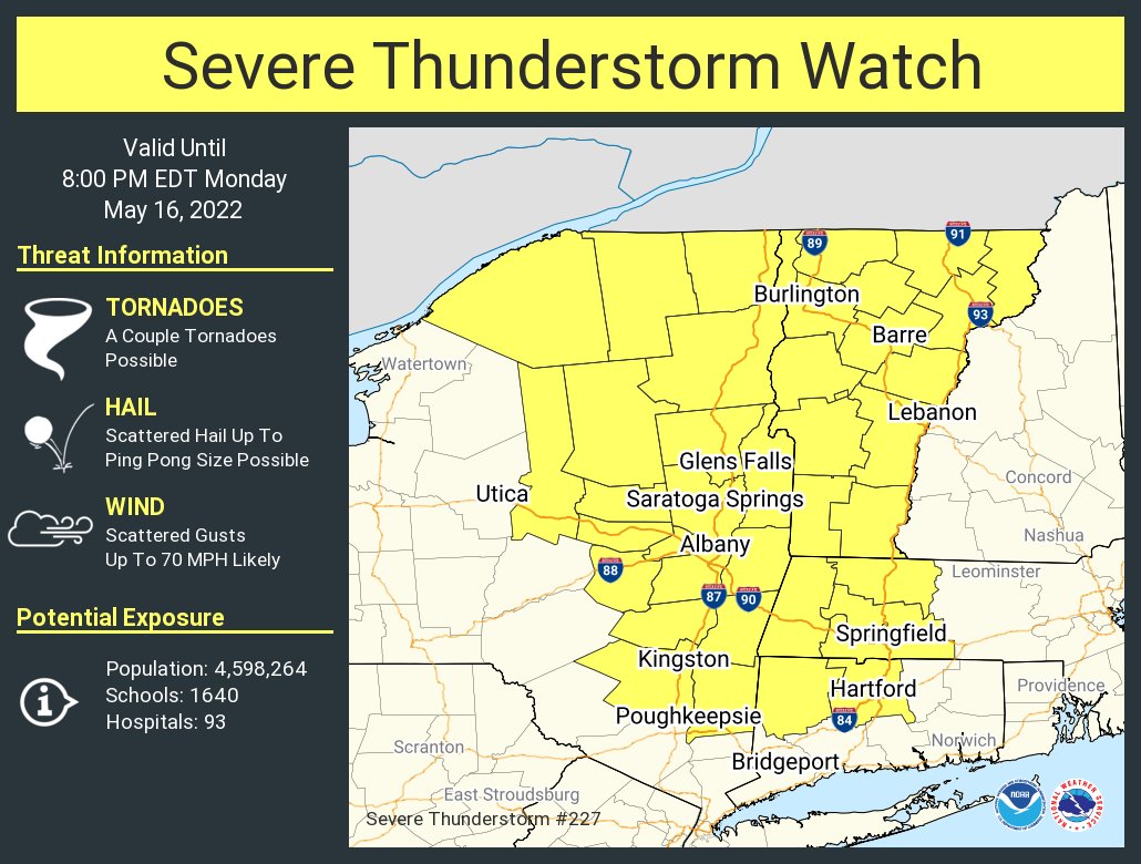 NWSBoston's tweet photo. A severe thunderstorm watch has been issued for parts of Connecticut, Massachusetts, New York and Vermont until 8 PM EDT https://t.co/9OHIsvGesn