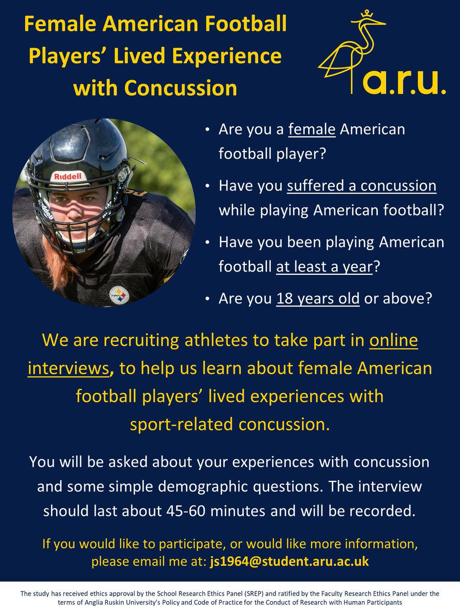 Jesstinna's tweet photo. PLS RT! Looking for female #AmericanFootball players who've suffered #concussion while playing, 18 or older, for study into #LivedExperience. 45-60 minute online interviews. Email: js1964@student.aru.ac.uk
#dissertation #qualitativeresearch #womensamericanfootball #womeninsport https://t.co/BQ2OwzKHPj