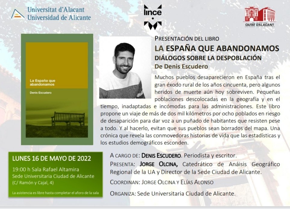 Presentación del libro "La España que abandonamos" <a href="/queabandonamos/">La España que abandonamos</a>
¡Sigue en directo el evento de hoy en la sede de la <a href="/UA_Universidad/">Universidad de Alicante UA</a> a partir de las 19.00h: desde el siguiente enlace!
👇🏻👇🏻

si.ua.es/es/videostream…