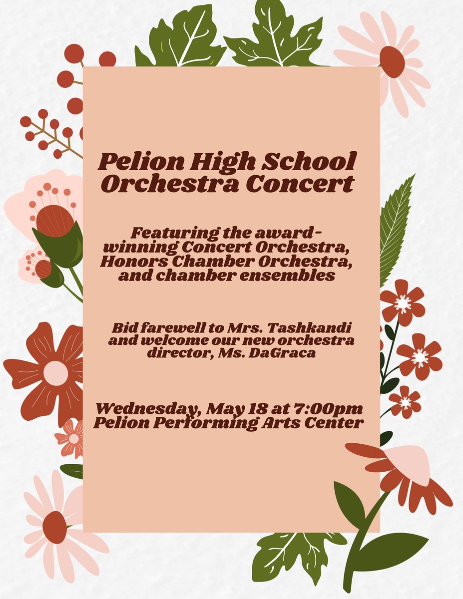 PelionOrchestra's tweet photo. Please come to the Spring Orchestra Concert!

Featuring performances by:
-Concert Orchestra
-Honors Chamber Orchestra
-Chamber ensembles (duets, trios, quartets)
-A special performance by Mrs. Tashkandi and Ms. DaGraca https://t.co/PGtafix5r5