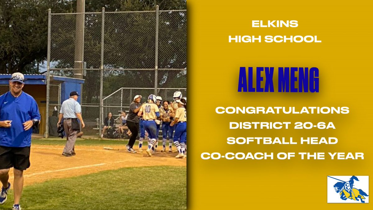 FBISDAthletics's tweet photo. Congrats to Elkins Head Softball Coach, Alex Meng for being named District 20-6A Co-Head Coach of the Year.  @knight_softball @CoachMeng_SB https://t.co/c0S78lMagP
