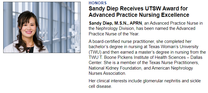Congratulations to our APP Sandy! 🎉She received the UTSW Award for Advanced Practice Nursing Excellence. 
Thank you for all you do for our patients and for providing excellent kidney health care. Well deserved!