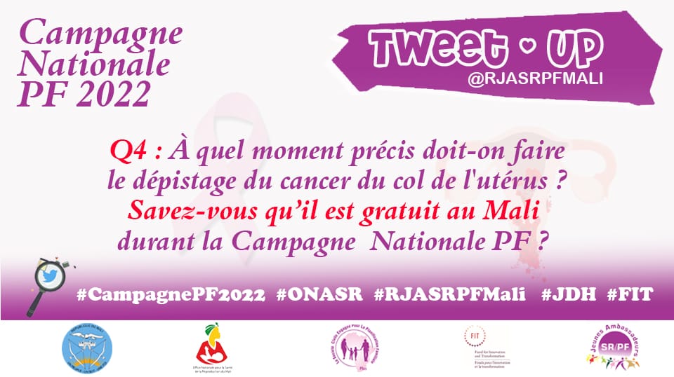 RJASRPFMALI's tweet photo. Q4: A quel moment précis doit on faire le dépistage du cancer du col de l'utérus ?
Savez vous qu'il est gratuit au Mali durant la campagne nationale PF?

#CampagnePF2022
#ONASER
#RJASRPFMali
#JDH
#FIT https://t.co/hHBcQeqyUI
