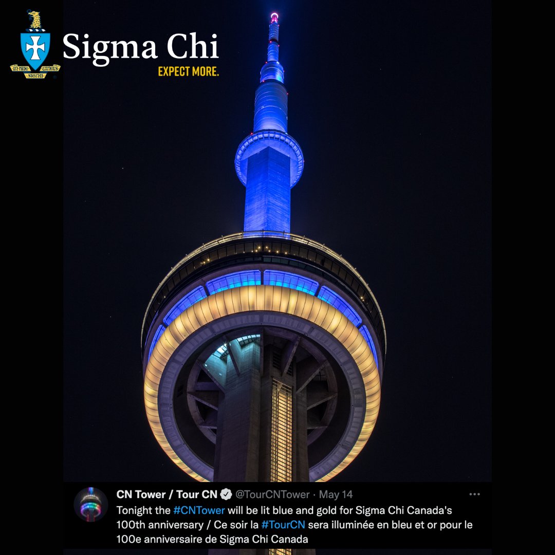 SigmaChi's tweet photo. ICYMI: The CN Tower in Toronto helped Sigma Chi celebrate its 100th anniversary in Canada with special blue and gold lighting on the night of May 14! https://t.co/kRwEUlZdb8