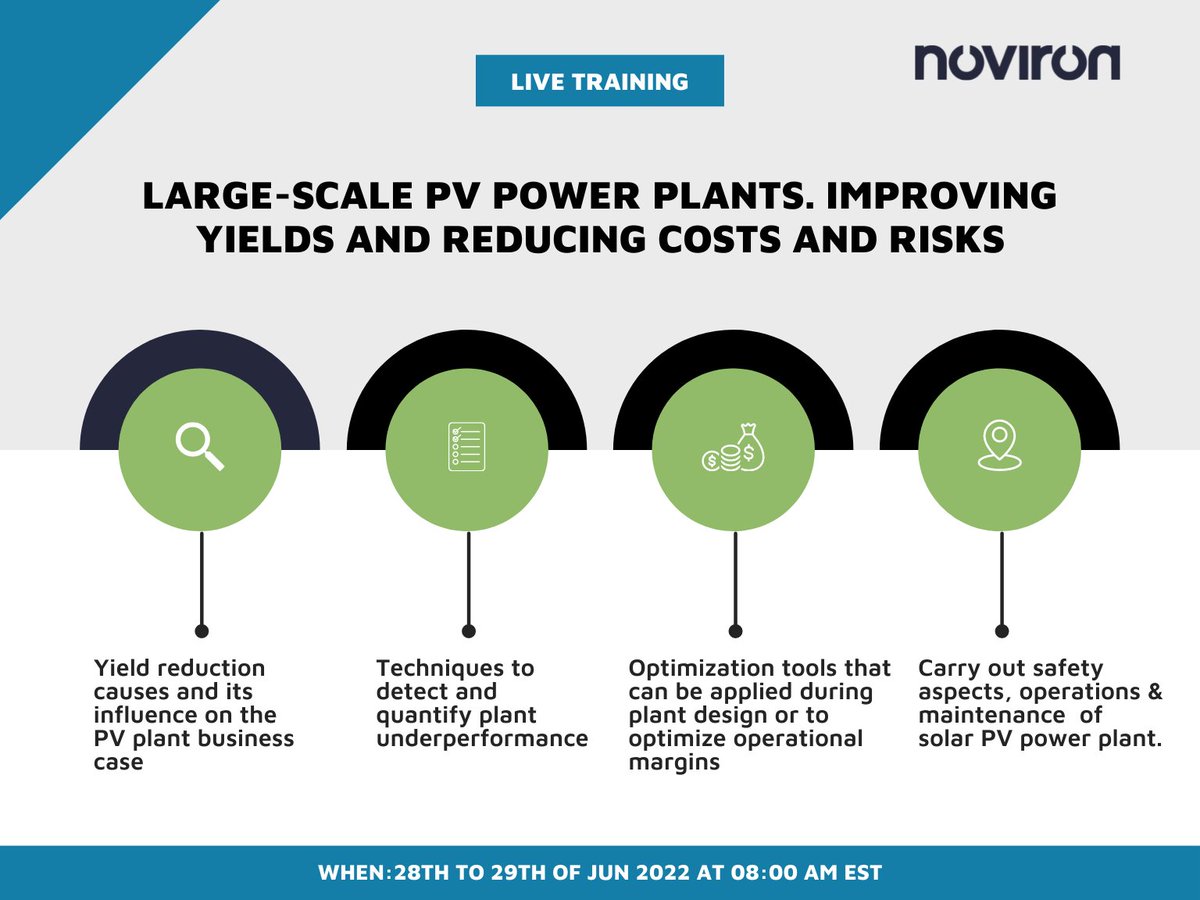 NovironTraining's tweet photo. Join this 2-days #LiveTraining "Large-scale PV Power Plants. Improving Yields and Reducing Costs and Risks". This will be a great opportunity for the technicians, #PVplant operators #Feetoperators, #OM teams, #Assetmanagers, &amp; #Businessdevelopment managers https://t.co/tvAzd7fRFp https://t.co/RxGM7oszUH