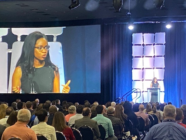 ASQ's tweet photo. Ugwem Enyeo stresses the importance of innovative tech in leading us to a sustainable future. Powerful and empowering. Nearly 1,600 joined the opening session. Janet Raddatz, ASQ immediate past chair, welcomed attendees. #WCQI2022 https://t.co/JsXxx7gbd3