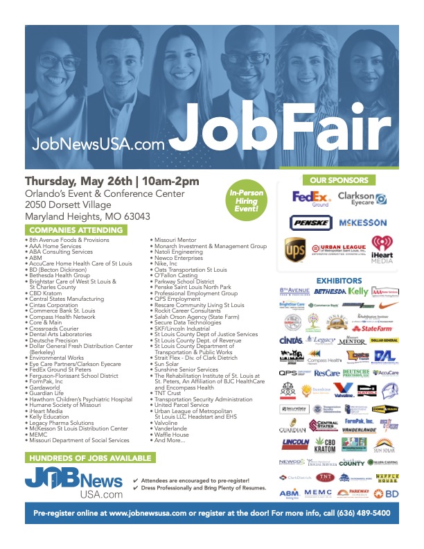 HCCMetroSTL's tweet photo. Looking for a job? @JobNewsUSA is hosting a job fair on May 26th! Follow this link to register: https://t.co/VIae0Rj3be
#jobs #jobfair #fair #news #jobnewsusa #saintlouis #stl #work #hccstl #hcc https://t.co/6Sf7D9akid