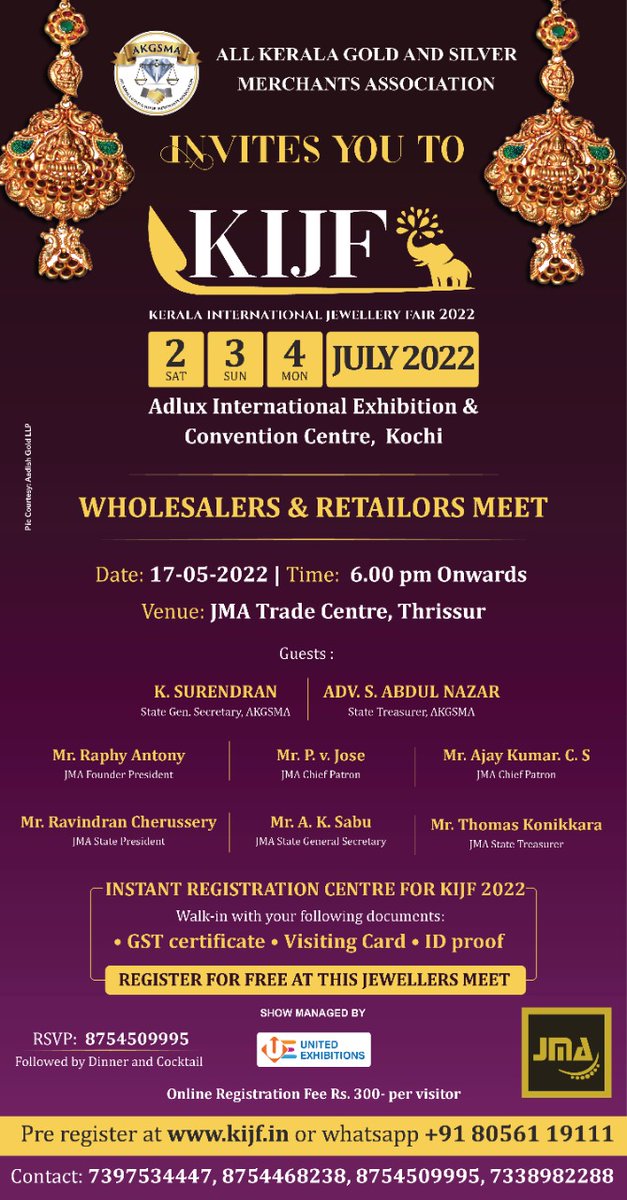 kijf_official's tweet photo. KIJF  Wholesalers &amp; Retailors Meet @ JMA Trade Centre, Poothole, #thrissur  

#jewelexhibition #kerelajewellery #kerela #b2bjewelleryexhibition #b2bjewelry #b2bjewellery  #jewelwholesalers  #jewelleryretailer #jewelleryretailers https://t.co/BM7wtRFqFs