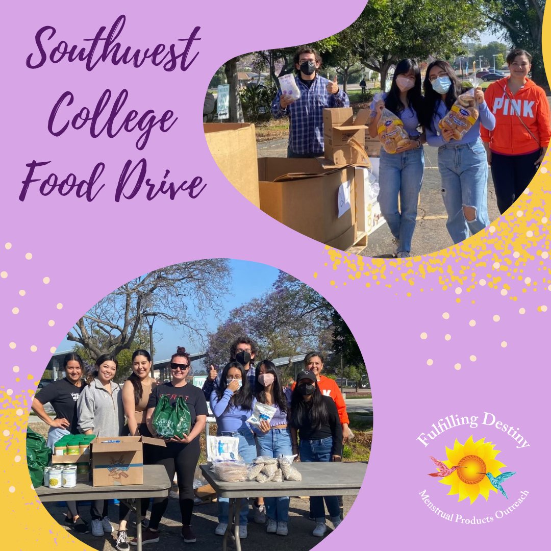 PeriodWDignity's tweet photo. Good morning from FulFilling Destiny! Thank you to Southwest College for involving us in their recent food drives! We donated a total of 100 Dignity Bags. Thank you to Jan for picking up the Dignity Bags &amp; special shoutout to Kai for being FD's loyal helper on all our trips! https://t.co/kMJ8Joj3sa