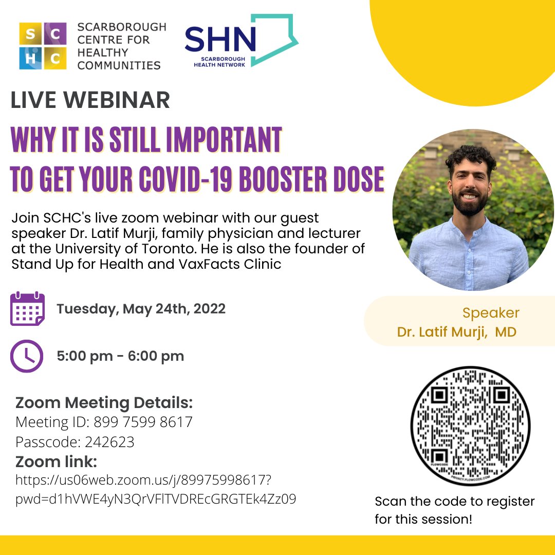 Just a reminder that our live zoom webinar about why it is still important to get your #Covid19 Booster with Dr. Murji is happening next week! See the image for more details. #ThisisOurShotCA #SCHCKeepsYouSafe #ScarbTO #Scarborough #VaxFacts #StandUpForHealth