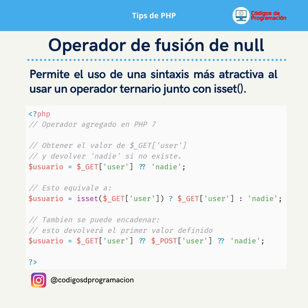 mroblesdev's tweet photo. #PHP: El operador de fusión de null (??) devuelve su primer operando si existe y no es null; de lo contrario devuelve su segundo operando.
Operador agregado en PHP 7.
#codigosdeprogramacion #backend https://t.co/TctOTiBWrl