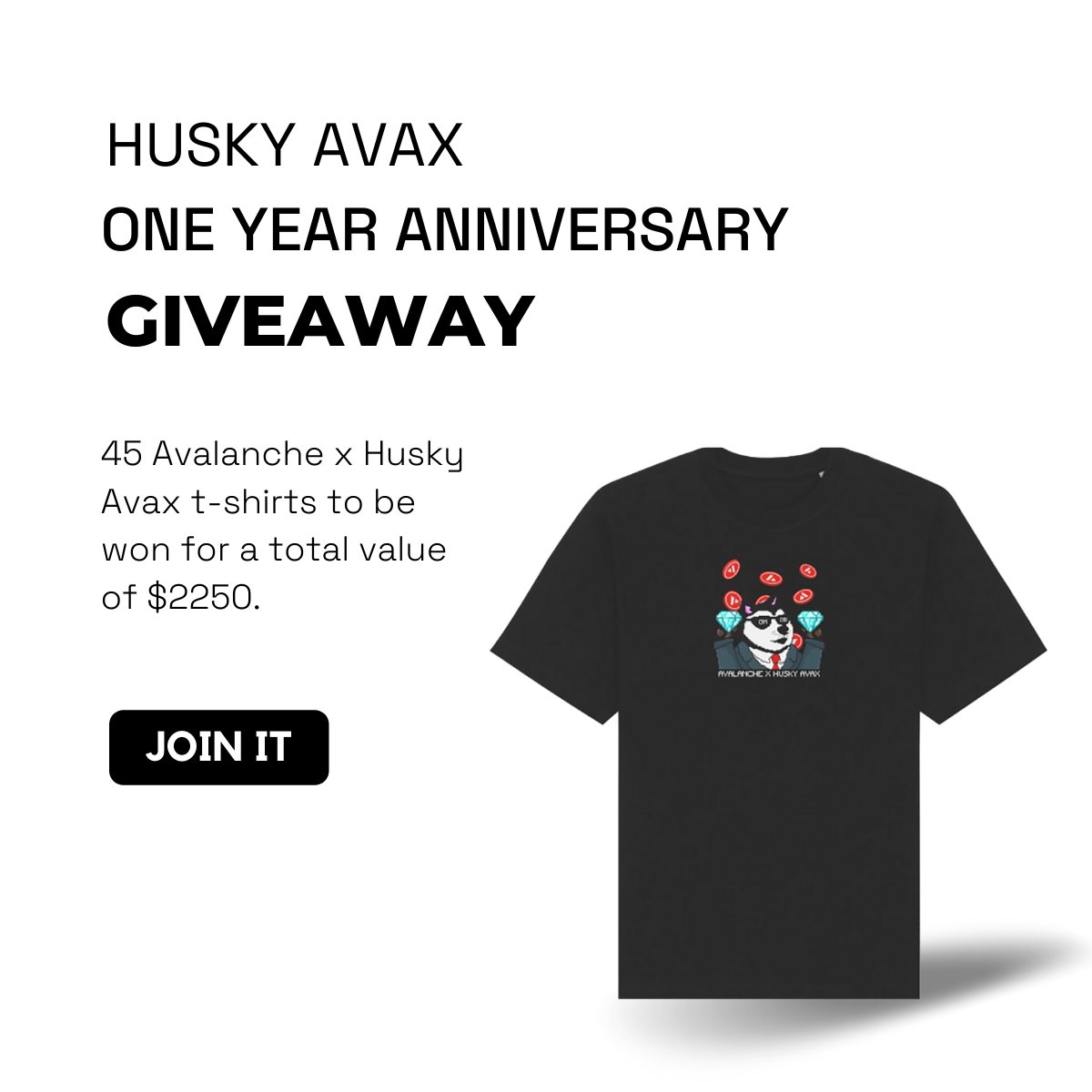 The Husky one year Anniversary #giveaway is now live 🚨

Price:
👕 45 @avalancheavax x <a href="/AvaxHusky/">HUSKY🔺</a> t-shirts worth $50 each (total value $2250) 🎁 

To Enter:
✅ Join the link: apps.airlyft.one/husky-avax/ava…
✅ Complete all the actions

⌛Ends: Sunday, May 22nd at 10PM UTC

Good luck🤞