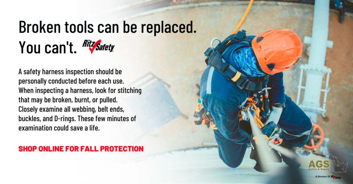 AgsSafety's tweet photo. Yeah, you read that right. Your safety is more important than anything so don't forget to double check your safety gear! One small tear could create an accident - shop Ritz Safety Fall Protection today! https://t.co/Kj8asrB5sC https://t.co/ZD0j3AvCNU