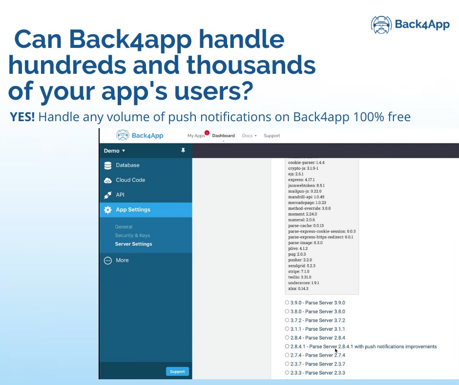 back4app's tweet photo. Sending push notifications to a huge volume of users is a common concern for our users. And here's how we answer them: https://t.co/qXXCdVQswc
.
.
#lowcode #nocode #pushnotifications #userrequests #baas https://t.co/dMI5OsDkHY