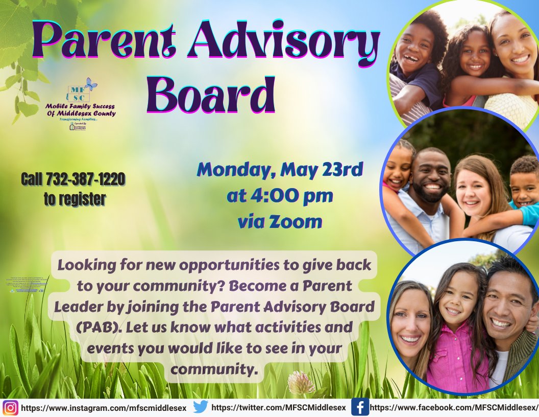 Join us this, May 23rd at 4:00 PM on Zoom for our Parent Advisory Board to let you know MFSC upcoming events and activities. Don't forget to register on Eventbrite link for our May activities: mfscmay2022calendar.eventbrite.com or call us at 732-387-1220