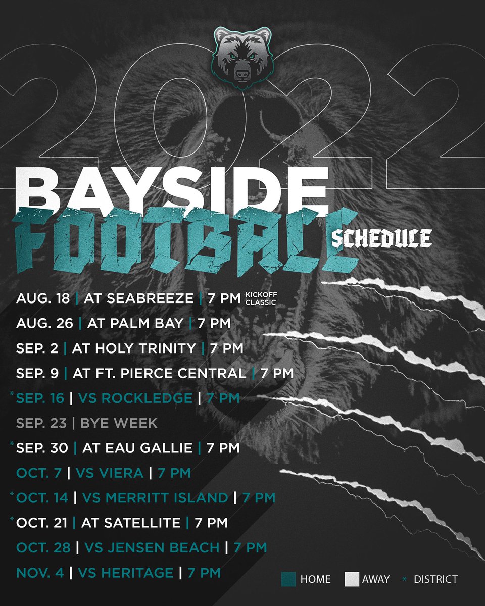 Bayside Bears Football (Palm Bay, FL) (@baysidebears1) on Twitter photo The 2022 Schedule
Graphic by Alum <a href="/RobertJudin/">Robert Judin</a>
#AllIn
KOC at ๐ฆ
Wk 1 at ๐ดโโ ๏ธ Battle of The Bay
WK 2 at ๐
Wk 3 at ๐
Wk 4 at ๐ข
Wk 5 Bye ๐
Wk 6 At๐จโโ๏ธ
Wk 7 vs ๐ฆ
Wk 8 vs ๐
Wk 9 at ๐ฆ
Wk 10 vs ๐ฆ
Wk 11 vs ๐ผ Baby Brothers
<a href="/raefsu23/">321 Recruits</a> <a href="/zlotsports/">Alan Zlotorzynski</a> <a href="/FlaHSFootball/">FloridaHSFootball.com</a> The 2022 Schedule
Graphic by Alum <a href="/RobertJudin/">Robert Judin</a>
#AllIn
KOC at ๐ฆ
Wk 1 at ๐ดโโ ๏ธ Battle of The Bay
WK 2 at ๐
Wk 3 at ๐
Wk 4 at ๐ข
Wk 5 Bye ๐
Wk 6 At๐จโโ๏ธ
Wk 7 vs ๐ฆ
Wk 8 vs ๐
Wk 9 at ๐ฆ
Wk 10 vs ๐ฆ
Wk 11 vs ๐ผ Baby Brothers
<a href="/raefsu23/">321 Recruits</a> <a href="/zlotsports/">Alan Zlotorzynski</a> <a href="/FlaHSFootball/">FloridaHSFootball.com</a>