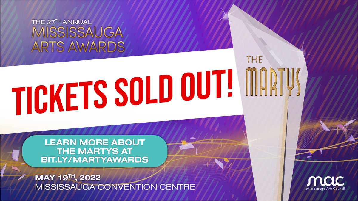 MissArtsCouncil's tweet photo. TICKETS SOLD OUT! 📣

Tickets are now sold out for the 27 Annual Mississauga Arts Awards (MARTYS). See you at the Mississauga Convention Centre this Thursday, May 19th, 2022!

Learn more about the MARTYS here: https://t.co/K7H5c2kcv5

#MARTYS2022 https://t.co/Sf5m62uxYT