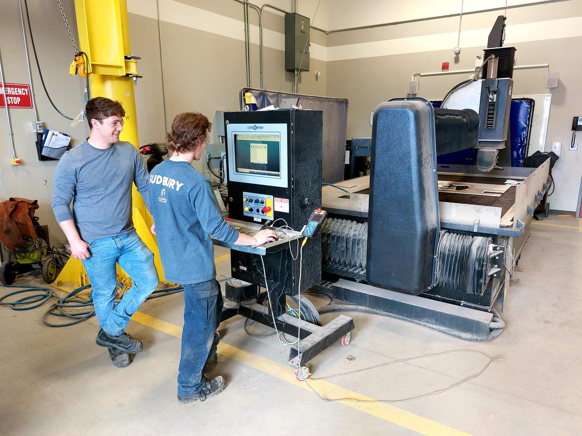 CambrianRD's tweet photo. Jeff and Joel are working as student researchers with @CambrianRD. They get the opportunity to work on applied research projects with industry partners and utilize our equipment, helping them to gain hands-on learning experience. #StudentInnovation #CIW22 #WaterjetCutter https://t.co/Mbq3EMQotW