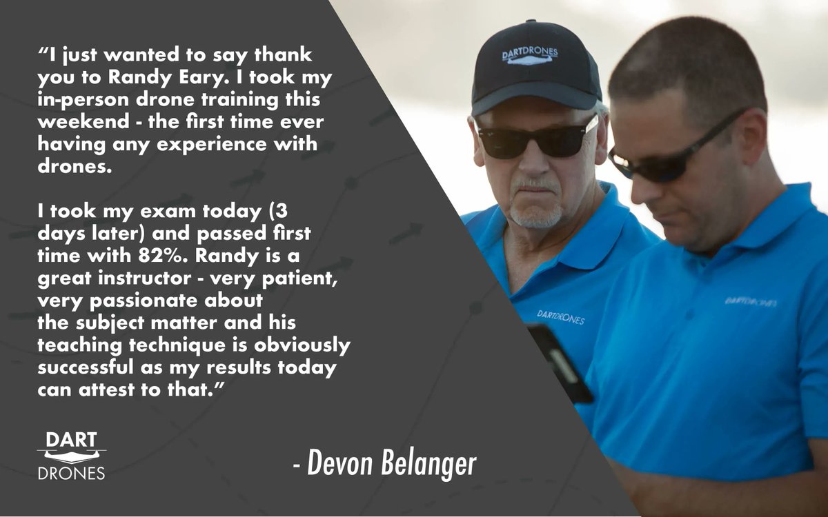 Thank you Devon Belanger for sharing your recent experience with DARTdrones. Please join us in congratulating Devon for passing his Part 107 exam on the first try! 

If you're interested in learning more about our Part 107 Test Prep training, please visit buff.ly/3dH5uxd
