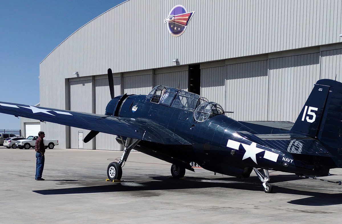WWIIAviation's tweet photo. One of our two TBM Avengers is ready for an engine run in front of the WestPac hangar, on the museum campus at the Colorado Springs Airport. See the Avengers, &amp; more, when you visit the museum! And take a free guided tour of WestPac!
#WWII #AVGeek
Photo credit: Rich Tuttle https://t.co/KmXZlK14ww