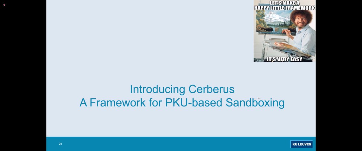 Really happy to present our EuroSys 2022 paper to Intel Labs along with two other great EuroSys 2022 papers. Many thanks to <a href="/ovahldy/">Anjo Vahldiek-Oberwagner</a> for organizing this.

The three presented papers:
(ours) alexios-voulimeneas.github.io/papers/cerberu…
dl.acm.org/doi/abs/10.114…
dl.acm.org/doi/abs/10.114…
