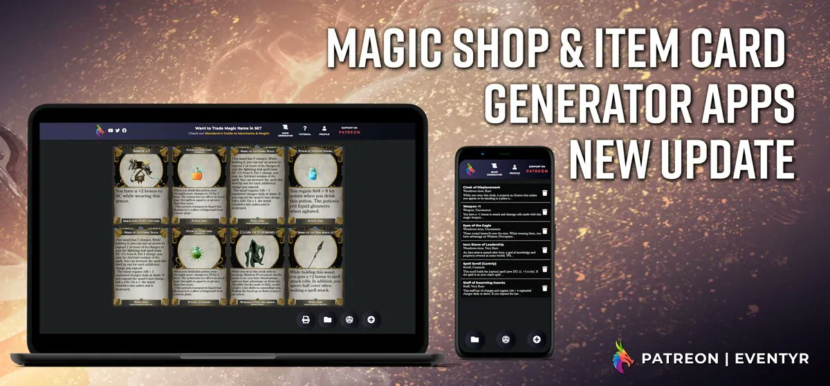 eventyrgames's tweet photo. What's better than 2 great apps? 2 great apps in 1 location! Eventyr Games provides for FREE our Item Card Generator — which we just updated — and the NEW Price List & Magic Shop Generator. Check out these ✨ FREE✨ tools right now! https://t.co/NnTtOy8ewL #digitaldnd #dnd5e https://t.co/bacSlamr5Q