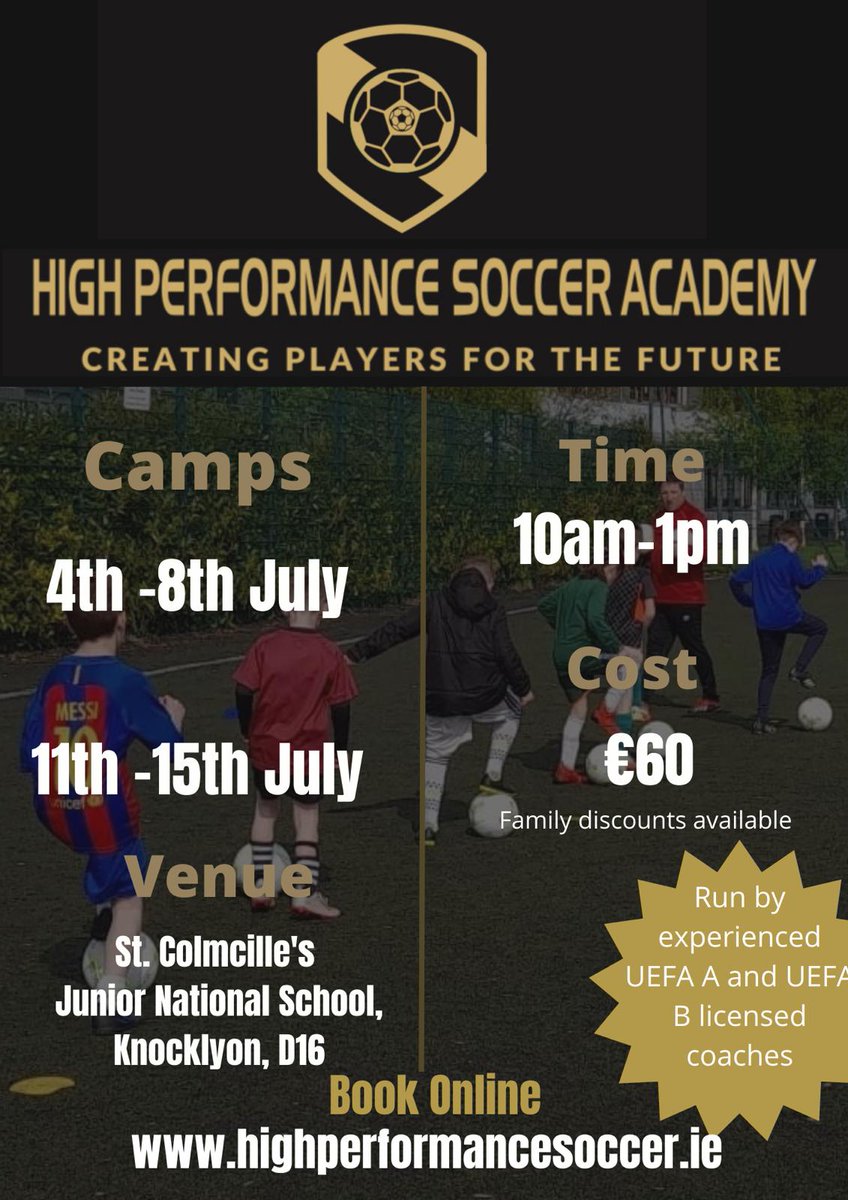 We are delighted to announce our summers camps pls see link to book 
highperformancesoccer.ie