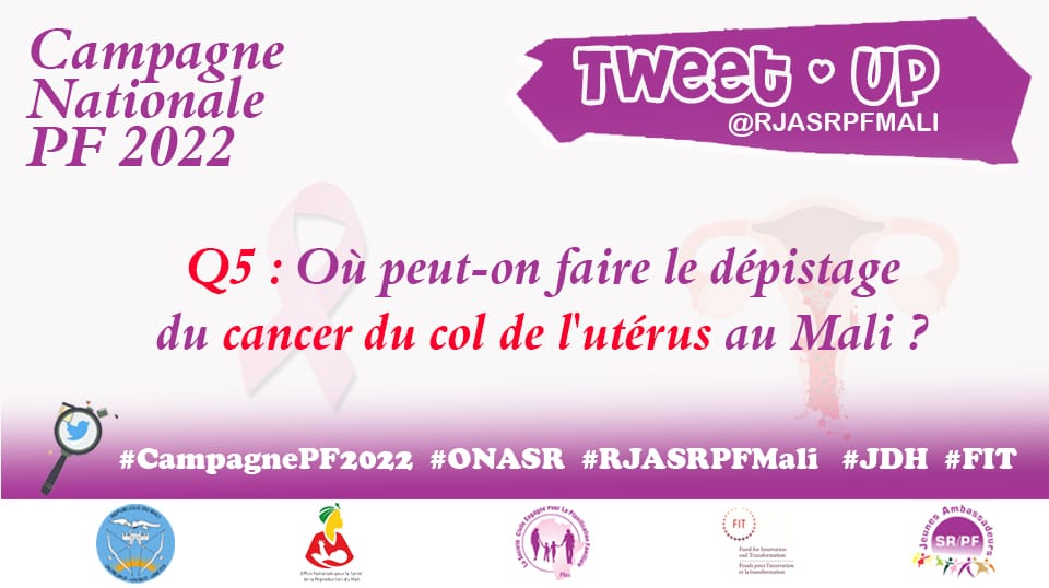 RJASRPFMALI's tweet photo. Q5: où peut on faire le dépistage du cancer du col de l'utérus au Mali?

#CampagnePF2022
#ONASER
#RJASRPFMali
#JDH
#FIT https://t.co/eXUIXV6h0m